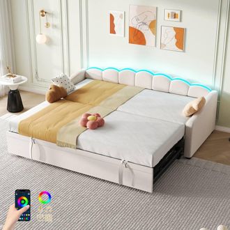Matteo Upholstered Daybed with Trundle & RGB LED Lighting, Beige Velvet | Size: Single