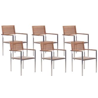 Beliani Beliani - Conjunto De 6 Sillas De Jard&iacute;n De Madera De Teca Certificada Clara Metal Plateado Acero Inoxidable Viareggio Ii