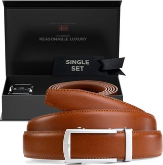Nordform Mens Belt Without Holes Leather Belt Ratchet Automatic Buckle Men - Size Adjusted - Handmade - Scandinavian Quality, Cognac, 135 cm