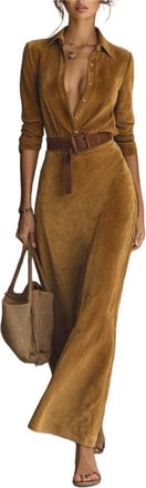 Generic Womens Suede Dress Long Sleeve Lapel Button Front Belted Maxi Dresses Warm Casual Dress Light Brown XL