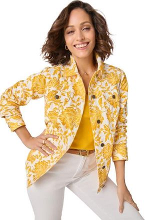 Jessica London Classic Cotton Denim Jacket in Golden Floral Tapestry at Nordstrom, Size 32