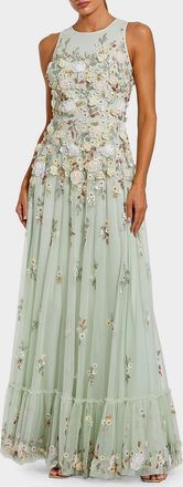 Mac Duggal Evening Floral Embroidered Sleeveless Mesh Gown