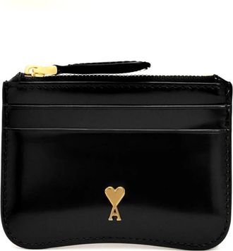 Ami Zwarte Leren Kaarthouder met Rits - Dames - Portefeuilles - Zwart - ONE Size - Katoen - Accessoires