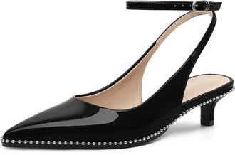EDEFS Womens Black Patent Leather Pointed Toe Ankle Strap Heels - 1.5 Kitten Heel Studded Slingback Pumps for Party