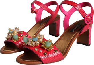 Dolce & Gabbana Womens Fuchsia Leather Embellished Keira Sandals Shoes Calf