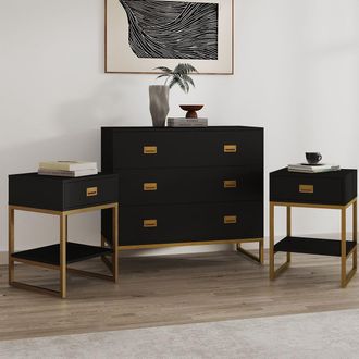 Melody Maison Large 3 Drawer Chest Of Drawers & Pair Of Bedside Tables - Elle Black Range