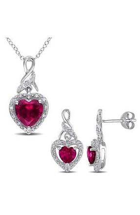 Delmar Sterling Silver Lab Grown Ruby Heart & Diamond Necklace & Earrings Set in Red at Nordstrom Rack