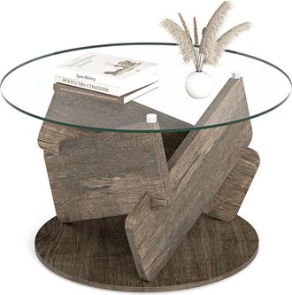 Costway Round Glass Coffee Table 81cm Modern Center Table-Grey