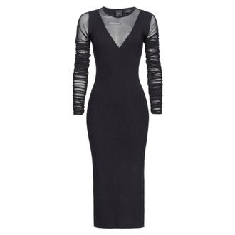 Pinko Nauwsluitende gebreide jurk met tule inzet - Dames - Feestkleedjes - Zwart - M - Tule - Kleedjes