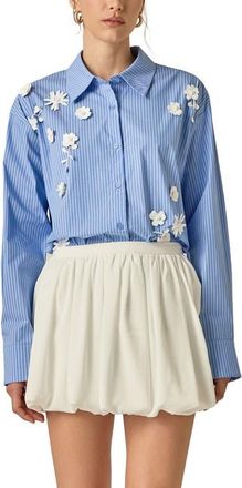 English Factory Flower Trim Stripe Shirt in Powder Blue at Nordstrom, Size X-Small