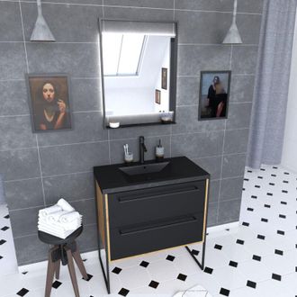 Aurlane Mueble De Ba&ntilde;o 80x50cm Roble Oscuro - 2 Cajones -lavabo Negro - Espejo Led