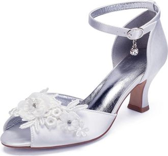 Generic Wedding Sandals Satin Wedding Shoes Low Heel Bridal Shoes Women Satin Prom Party Dress Pumps Bridal Shoes 6.5Cm,White,9 UK