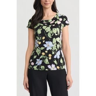 Kasper Floral Cowl Neck Cap Sleeve Top in Black Multi at Nordstrom, Size X-Large P