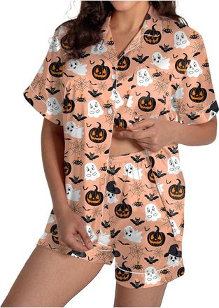 Generic Womens Halloween Pajama Set, Two-Piece Outfits Festival Print Button-Down Collar Shirts and Elastic Waist Shorts Soft Satin Breathable Fabric for Part