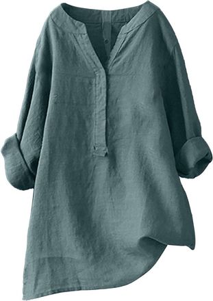 Generic Plus Size Slimming Trendy Casual Comfortable Loose Fit Summer Tops for Women UK Solid Color Seven Quarter Sleeve Ladie Stand Up Collar Cotton Long Sle