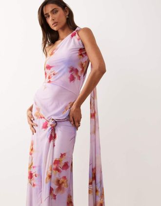 Asos Vestito lungo drappeggiato in chiffon elasticizzato rosa a fiori-Multi