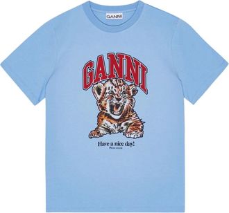Ganni Basic Jersey Tiger Relaxed T-shirt - Dames - T-shirts - Blauw - M - Katoen - Tops