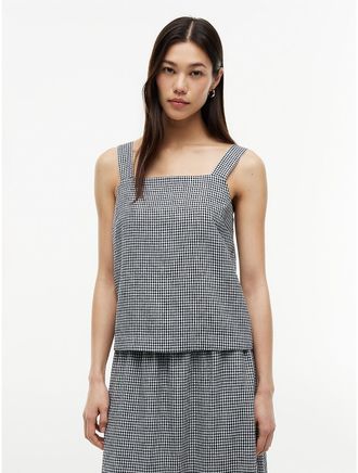 Tommy Hilfiger Womens Gingham Linen-Blend Tank Top - Navy - XXS