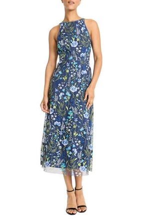 Maggy London Embroidered Floral Halter Neck Dress in Blue/Green at Nordstrom, Size 14
