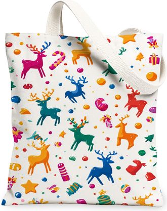Generic Christmas Reindeer Canvas Tote Bag, Colorful Holiday Pattern Reusable Shopping Bags, Lightweight Washable Shoulder Strap Ca, White, 13x15 Inch