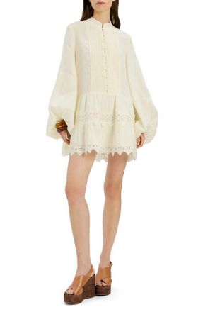 Bardot Antonia Lace Trim Long Sleeve Linen Minidress in Eggnog at Nordstrom, Size 12