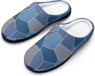 Generic Blue Gray Mosaic Math Pattern Mens Slippers House Slipper Anti-skid Sole Indoor Shoes Outdoor Comfort Cotton