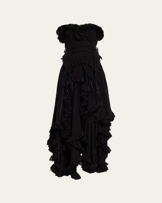 Alexander McQueen Strapless Draped Ruffle Silk Georgette Gown