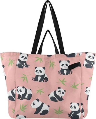 Generic Leaf Panda Pink pattern Reusable Canvas Tote Bag, Heavy Duty Grocery Shopping Bag with Large Capacity Hard Bottom Double Handles Work Groceries Travel