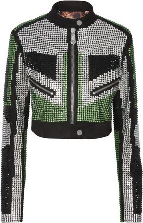 Philipp Plein Cropped Leren Bikerjack Strass - Dames - Zomerjassen - Veelkleurig - S - Leer - Jassen