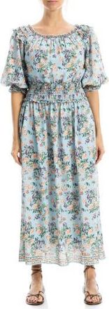 Max Studio Puff Sleeve Smocked Waist Midi Dress in Blue/Peach Bouquet at Nordstrom Rack, Size X-Small