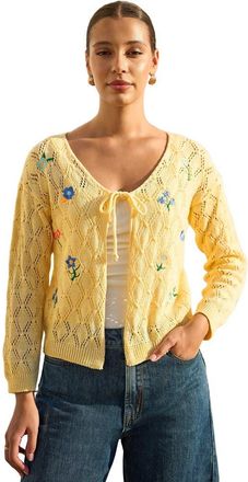 Yumi Embroidered Pointelle Cardigan in Butter Yellow at Nordstrom, Size Medium