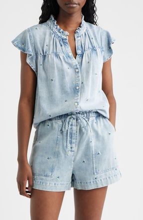 Rails Ruthie Floral Embroidered Ruffle Cap Sleeve Button-Up Top in Ivory Carnations at Nordstrom, Size Xx-Small