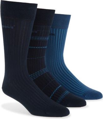BOSS Assorted 3-Pack Ribbed Stripe & Solid Cotton Blend Dress Socks in Dark Blue at Nordstrom, Size 7-13