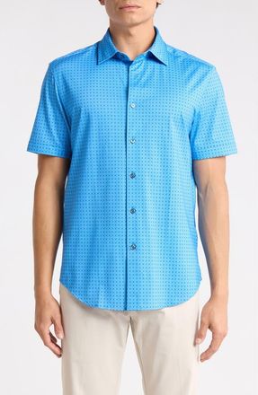 Bugatchi Micro Dot Print Stretch Cotton Short Sleeve Button-Up Shirt in Classic Blue at Nordstrom Rack, Size X-Large