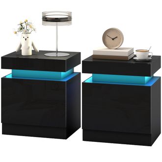 HOMCOM Homcom Set 2 Comodini Moderni A Luci Led Con 2 Cassetti In Legno Nero Lucido