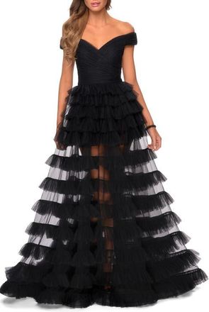 La Femme Sheer Layered Tulle Off the Shoulder Prom Gown in Black at Nordstrom, Size 8
