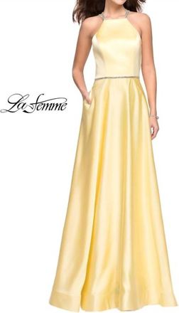 La Femme Hi-Neck Satin X-Back Gown In Pale Yellow