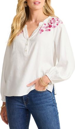 Tommy Bahama Coastal Tide Embroidered Linen Blend Peasant Top in Bright Rose at Nordstrom, Size Medium