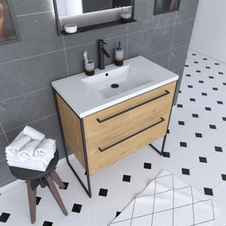 Aurlane Aurlane - Mueble De Ba&ntilde;o 80x50cm - Lavabo Blanco 80x50cm - 2 Cajones Roble Natural