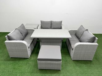 Fimous 7 Seater PE Wicker Rattan Furniture Sofa Sets w/ Adjustable Lifting Dining or Coffee Table 2 Seater Love Sofa Big Footstool Side Table Light