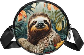 Generic Circle Crossbody Bag for Women, Sloth Tropical flower Small Sling Bag Daypack with Zipper Adjustable Shoulder Straps Casual Ladies Girls Round Purse