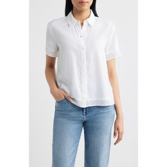Cloth & Stone Lace Trim Short Sleeve Button-Up Shirt in White at Nordstrom, Size X-Small