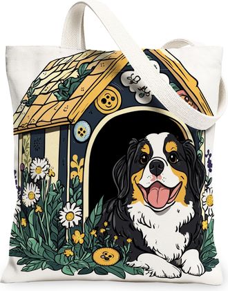Generic Spring St. Bernard Dog Canvas Tote Bag for Shopping 13x15, Fun Flower Puppy Kennel Reusable Grocery Print Pattern Bag for Women, Cute Pet Beach Aesthe