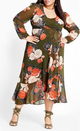City Chic Kataleya Long Sleeve Chiffon Maxi Wrap Dress in Olive Floral at Nordstrom