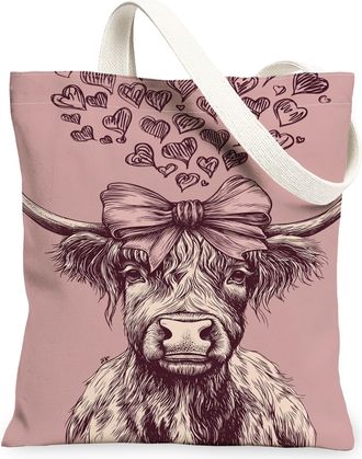 Generic Cute Animal Canvas Tote Bags, Vintage Cow Design Heart Pattern Reusable Grocery Bags, Lightweight Washable Shoulder Strap C, Peach, 13x15 Inch