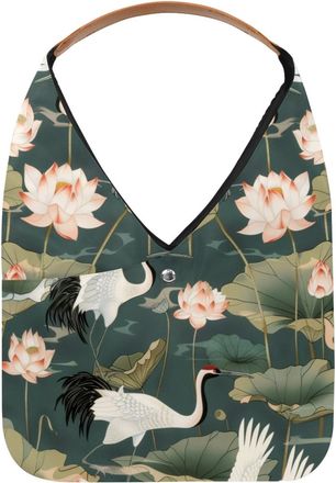 Generic Cranes Lotuses Pattern Reusable Lightweight Grocery Bags - Foldable Into Compact Pouch, Washable & Sturdy, Multipurpose for Shopping and Travel