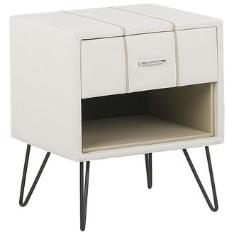 Beliani Beliani - Mesita De Noche Tapizada En Piel Sint&eacute;tica Blanca Con Patas De Horquilla 48 X 41 X 56 Cm 1 Caj&oacute;n Betin