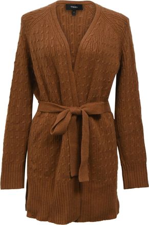Theory Malinka Belted Cable-Knit Cardigan in Brown Cashmere