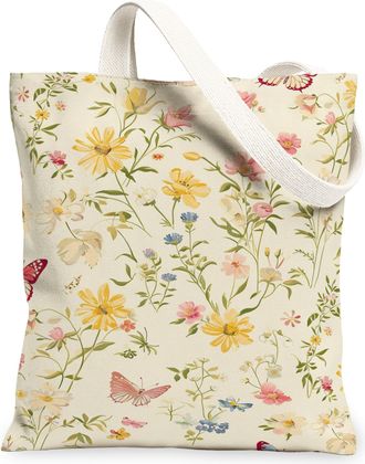Generic Floral Canvas Tote Bags, Elegant Flower Pattern Reusable Grocery Bags, Vintage Lightweight Washable Shoulder Strap Canvas F, Cream, 13x15 Inch