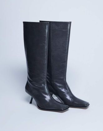 Topshop Scarlett - Stivali al ginocchio premium a punta quadrata in pelle grigi-Grigio
